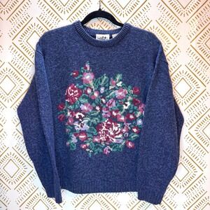 Vintage Northern Isles Wool Blend Sweater Size M Blue Floral Pullover Cottage